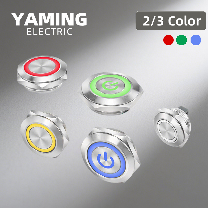 Push Button Tactile - สวิตช์กดแบบบางพิเศษ 12/16/19/22/25/30 มม. โลหะน้ำหนักเบา ไฟสามสี แบบกดติดปล่อยดับ/กดรีเซ็ต